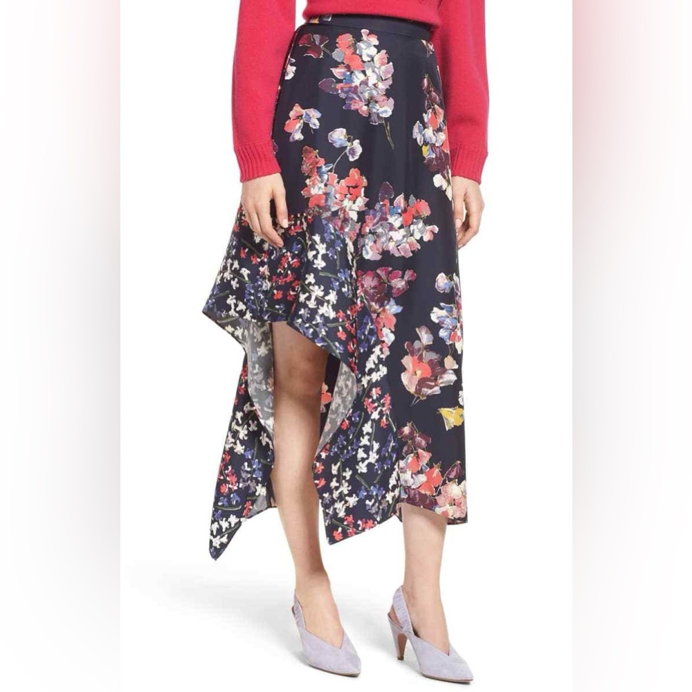 Lewit Asymmetrical 100%Silk Floral Midi Ruffle Skirt Sz‎ 8